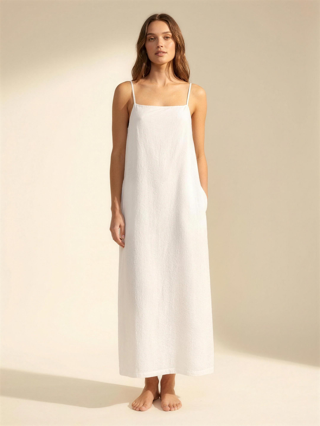 White linen sleeveless summer maxi dress, warm ivory studio