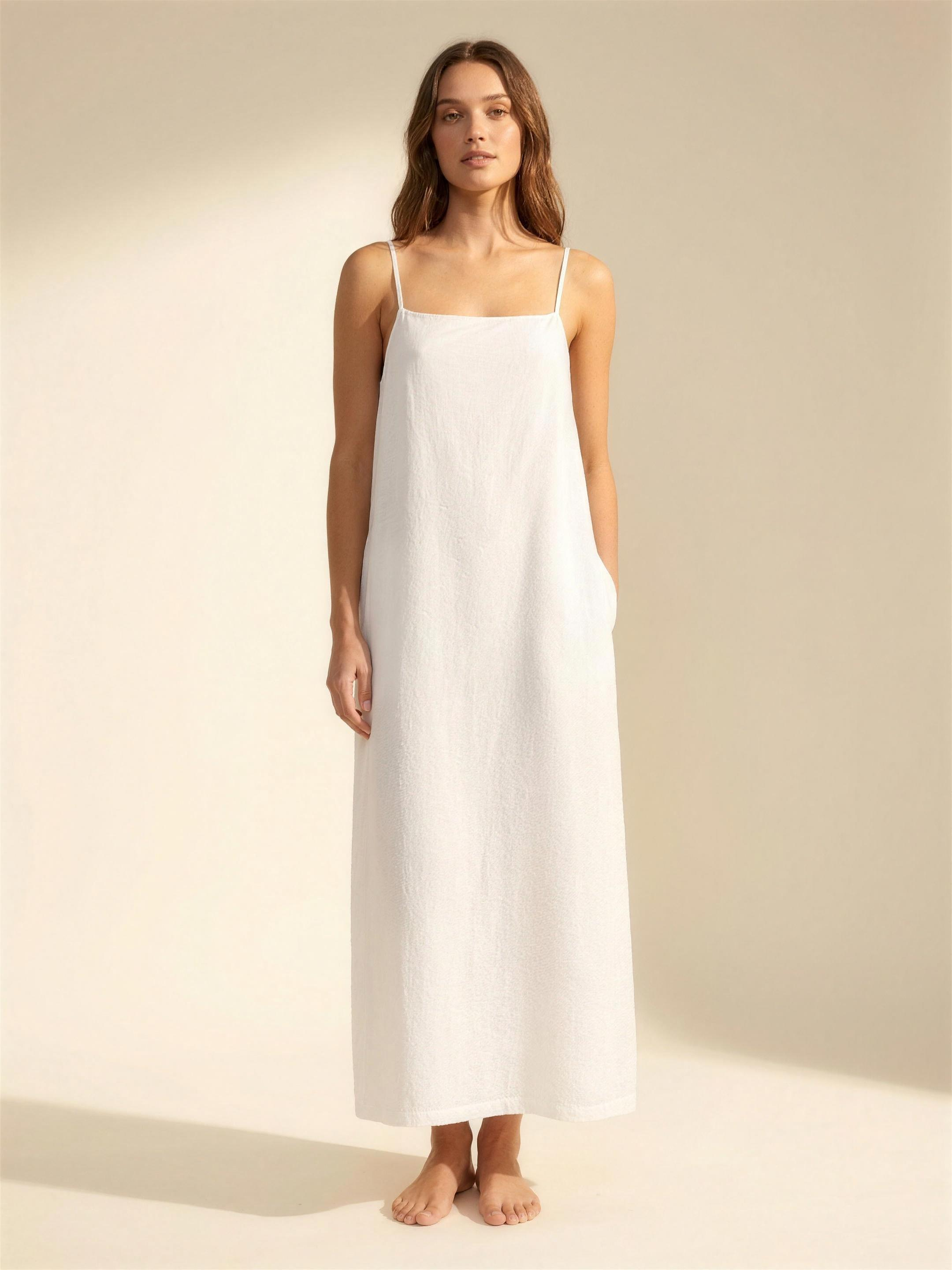 White linen sleeveless summer maxi dress, warm ivory studio